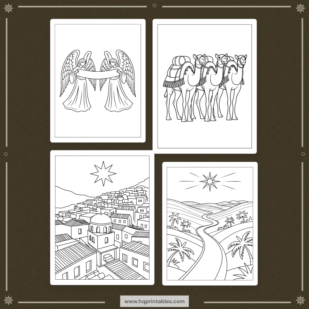 Printable nativity coloring book for adults featuring the Christmas birth of Jesus and religious Christian scenes