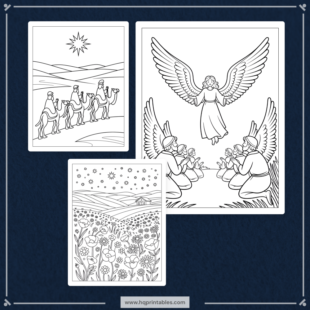 Printable nativity coloring book for adults featuring the Christmas birth of Jesus and religious Christian scenes