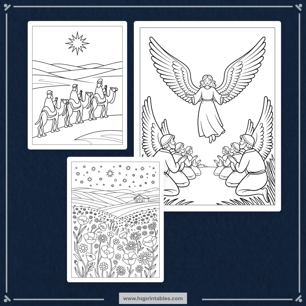 Printable nativity coloring book for adults featuring the Christmas birth of Jesus and religious Christian scenes