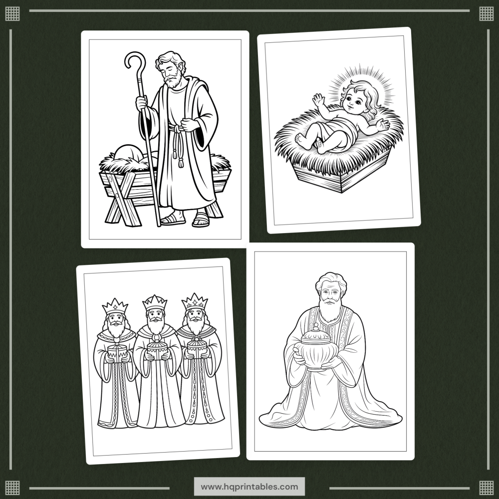 Printable nativity coloring book for adults featuring the Christmas birth of Jesus and religious Christian scenes