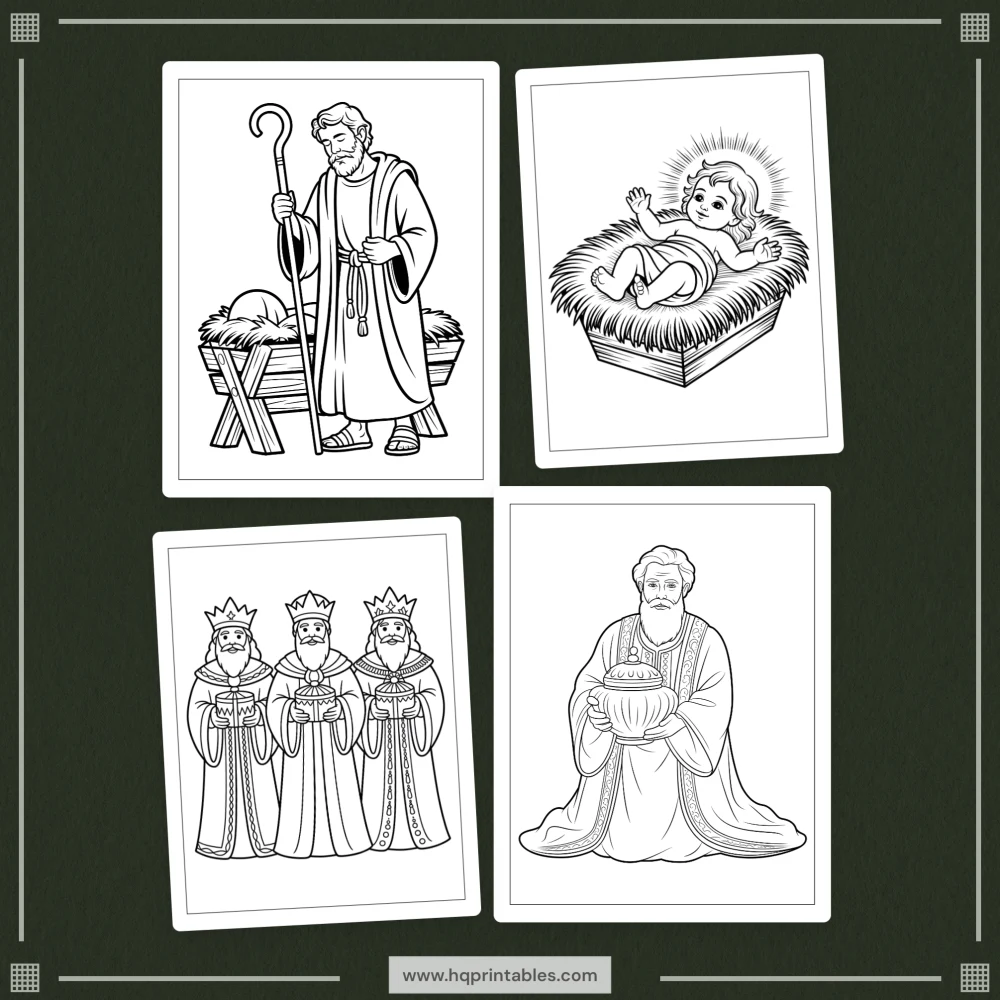 Printable nativity coloring book for adults featuring the Christmas birth of Jesus and religious Christian scenes