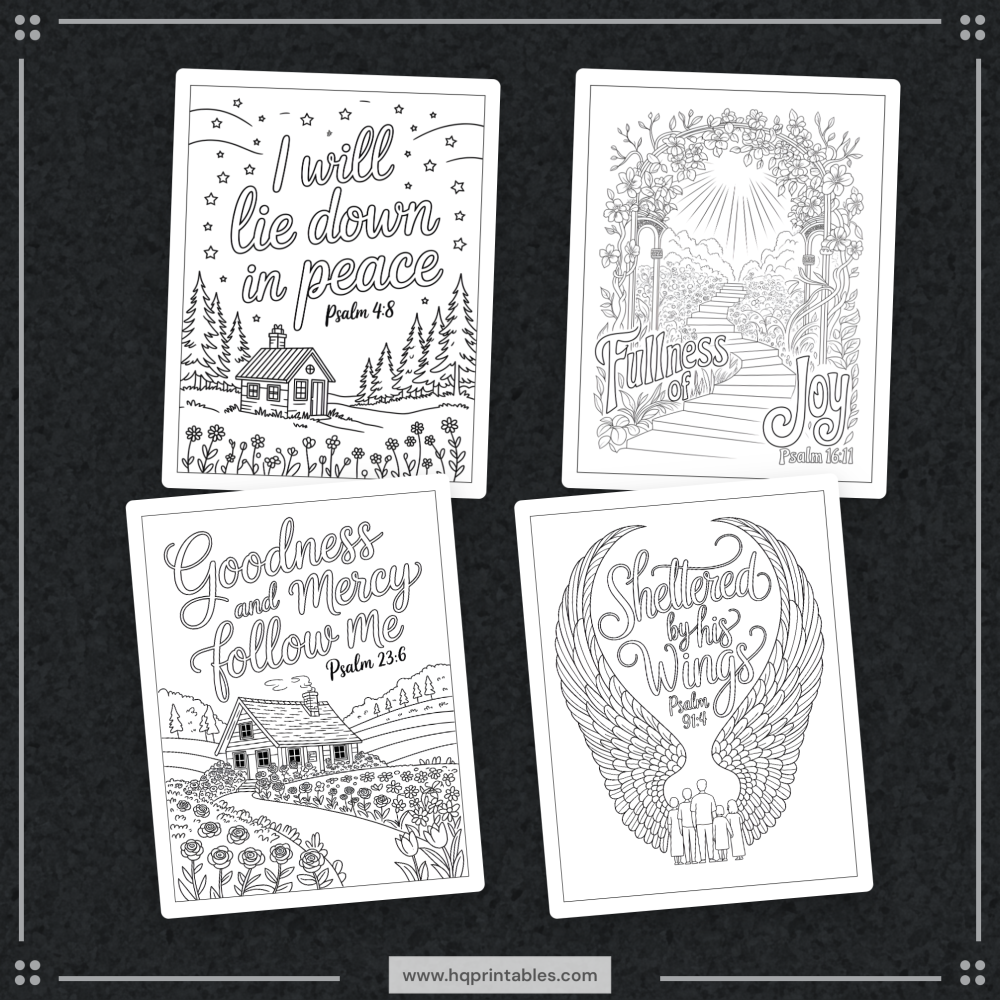 Printable Psalms coloring book for adults featuring Christian devotional Bible verse and scripture pages