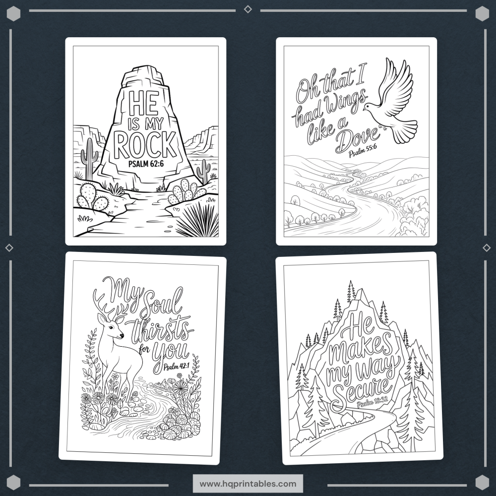 Printable Psalms coloring book for adults featuring Christian devotional Bible verse and scripture pages