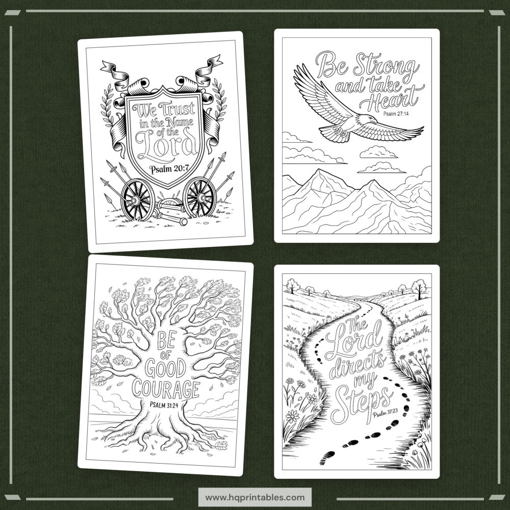 Printable Psalms coloring book for adults featuring Christian devotional Bible verse and scripture pages