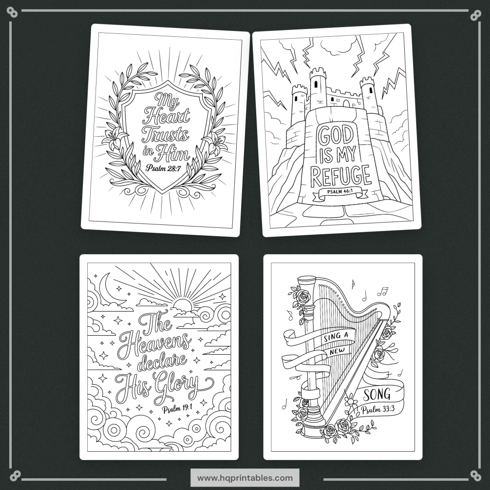 Printable Psalms coloring book for adults featuring Christian devotional Bible verse and scripture pages