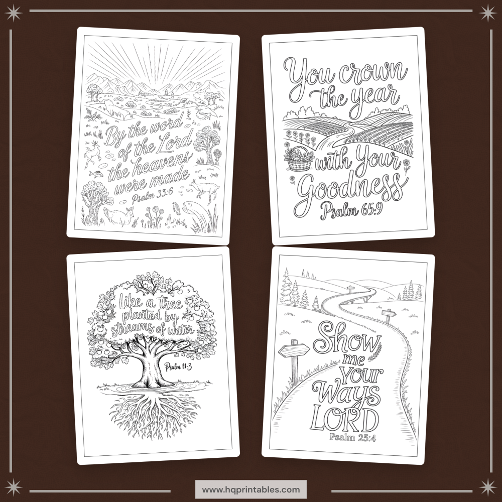 Printable Psalms coloring book for adults featuring Christian devotional Bible verse and scripture pages