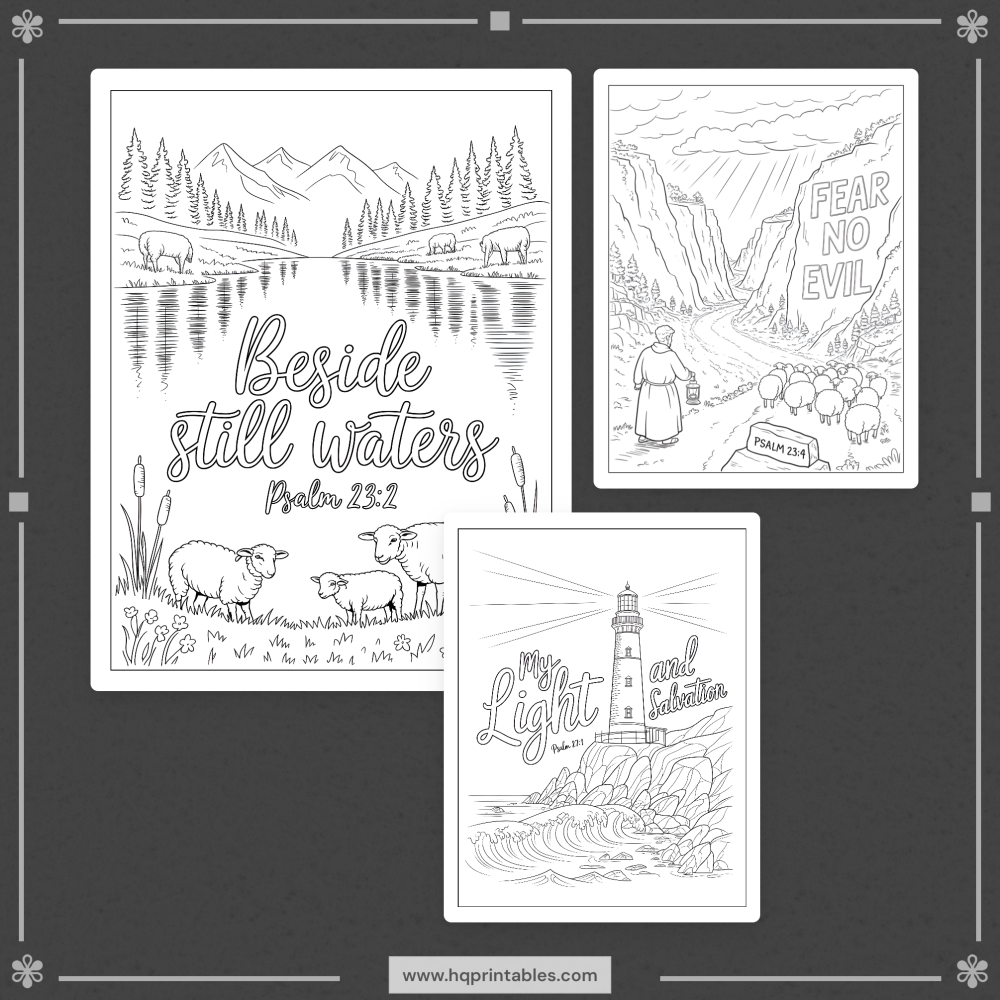 Printable Psalms coloring book for adults featuring Christian devotional Bible verse and scripture pages