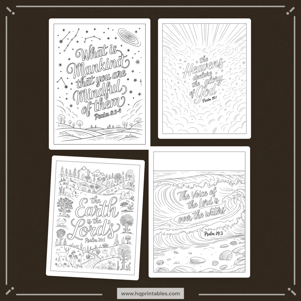 Printable Psalms coloring book for adults featuring Christian devotional Bible verse and scripture pages