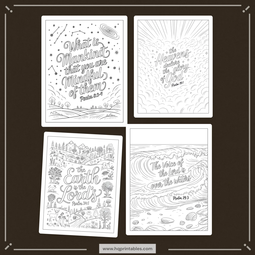 Printable Psalms coloring book for adults featuring Christian devotional Bible verse and scripture pages