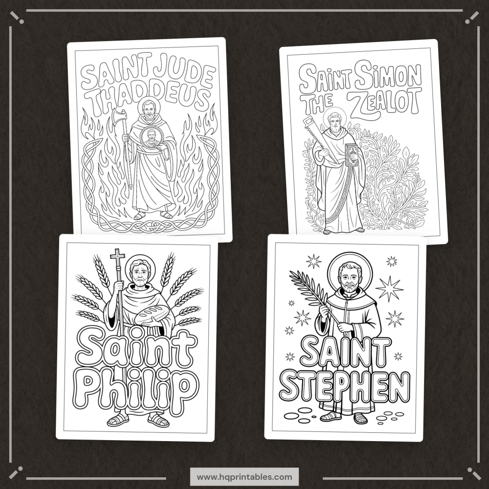 Printable digital pages of Catholic saints coloring book for adults featuring patron saint iconography
