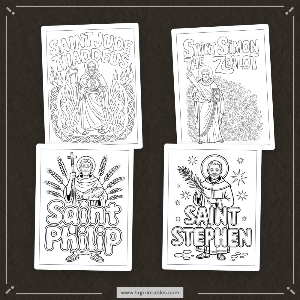 Printable digital pages of Catholic saints coloring book for adults featuring patron saint iconography