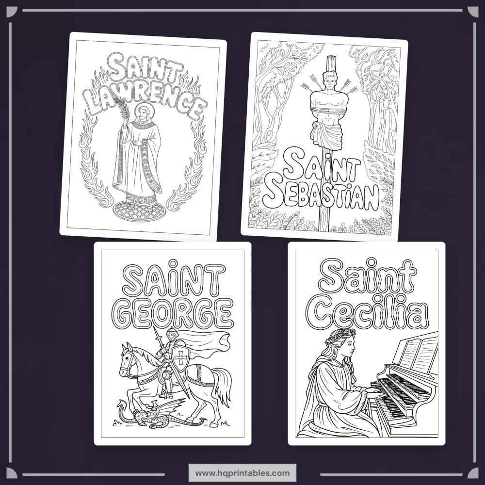 Printable digital pages of Catholic saints coloring book for adults featuring patron saint iconography