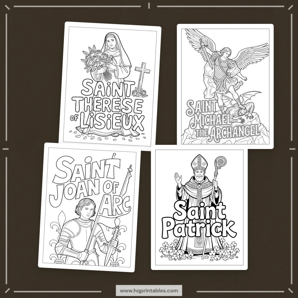 Printable digital pages of Catholic saints coloring book for adults featuring patron saint iconography