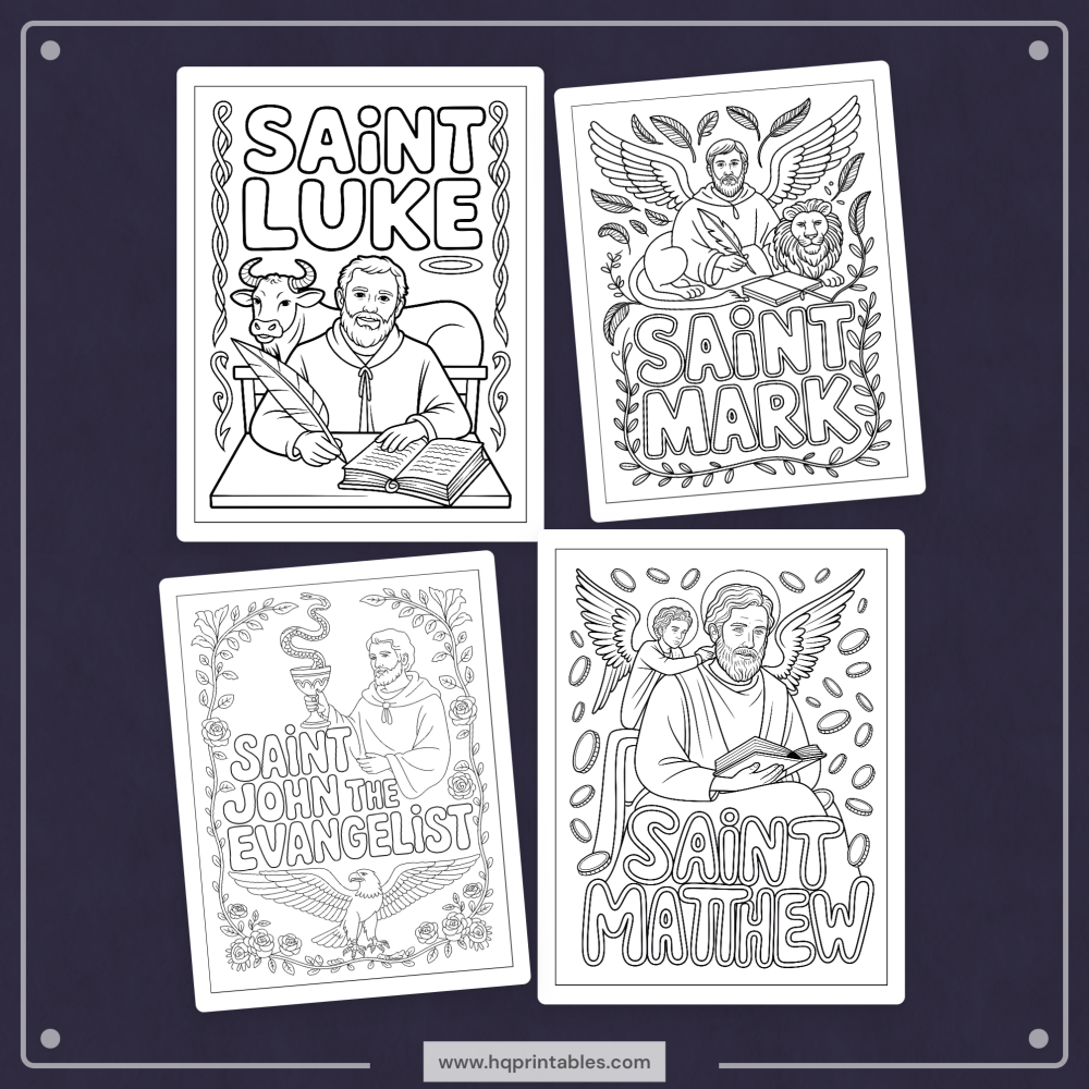Printable digital pages of Catholic saints coloring book for adults featuring patron saint iconography