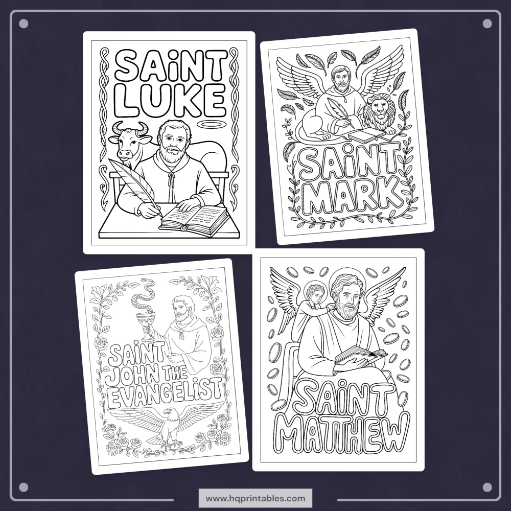 Printable digital pages of Catholic saints coloring book for adults featuring patron saint iconography
