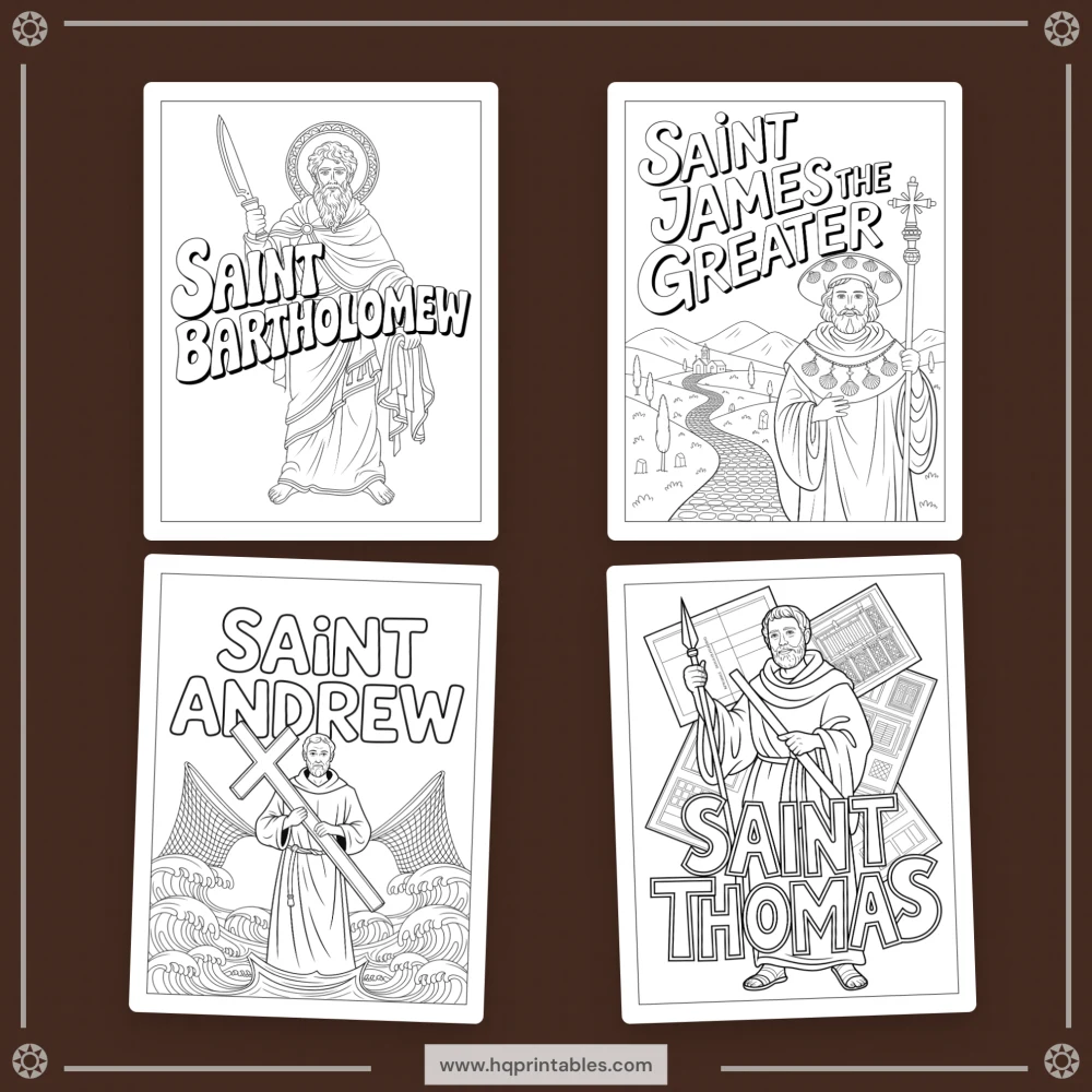 Printable digital pages of Catholic saints coloring book for adults featuring patron saint iconography