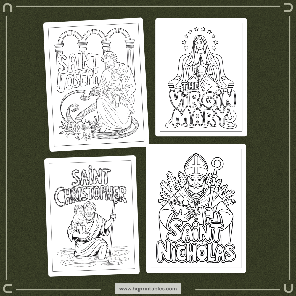 Printable digital pages of Catholic saints coloring book for adults featuring patron saint iconography