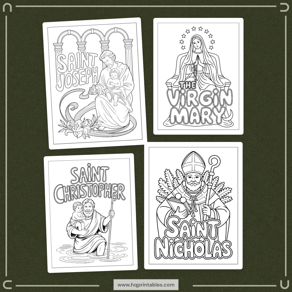 Printable digital pages of Catholic saints coloring book for adults featuring patron saint iconography
