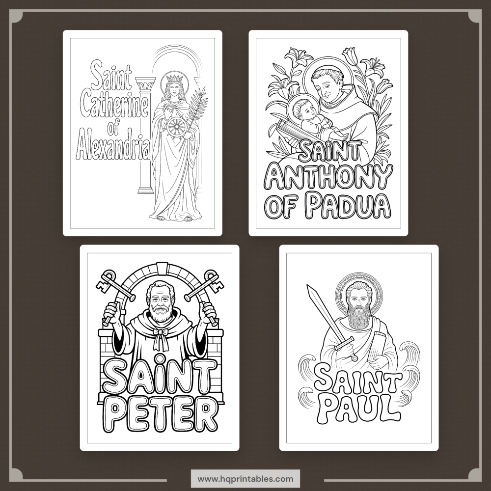 Printable digital pages of Catholic saints coloring book for adults featuring patron saint iconography