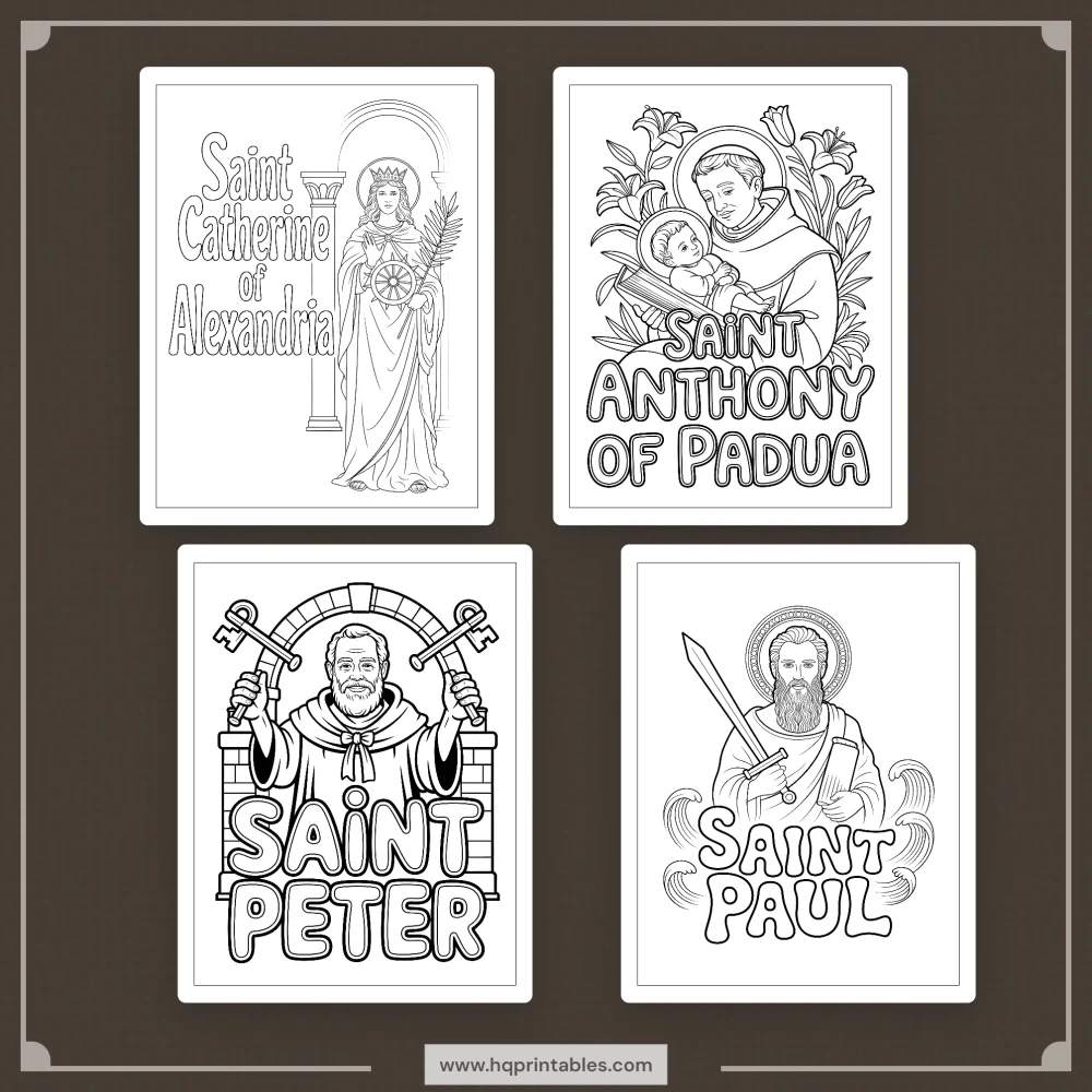 Printable digital pages of Catholic saints coloring book for adults featuring patron saint iconography