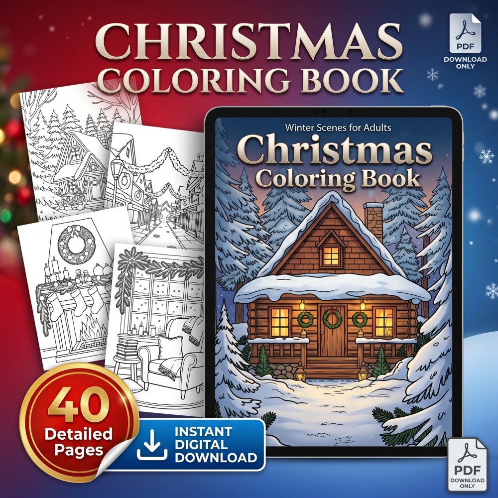 Downloadable cozy Christmas coloring book for adults featuring winter scenes and holiday printable pages