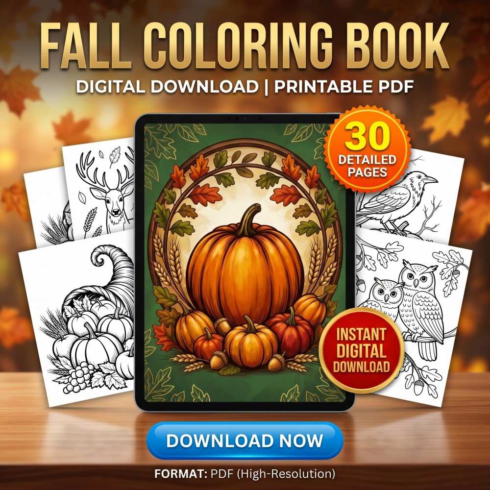 Digital download of printable fall coloring book for adults featuring autumn pumpkin harvest leaves