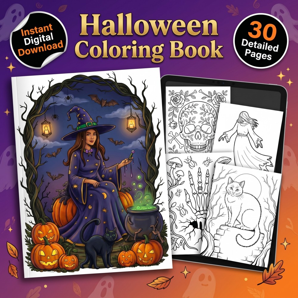 Digital download of printable Halloween coloring book for adults featuring spooky pumpkin witch and gothic pages