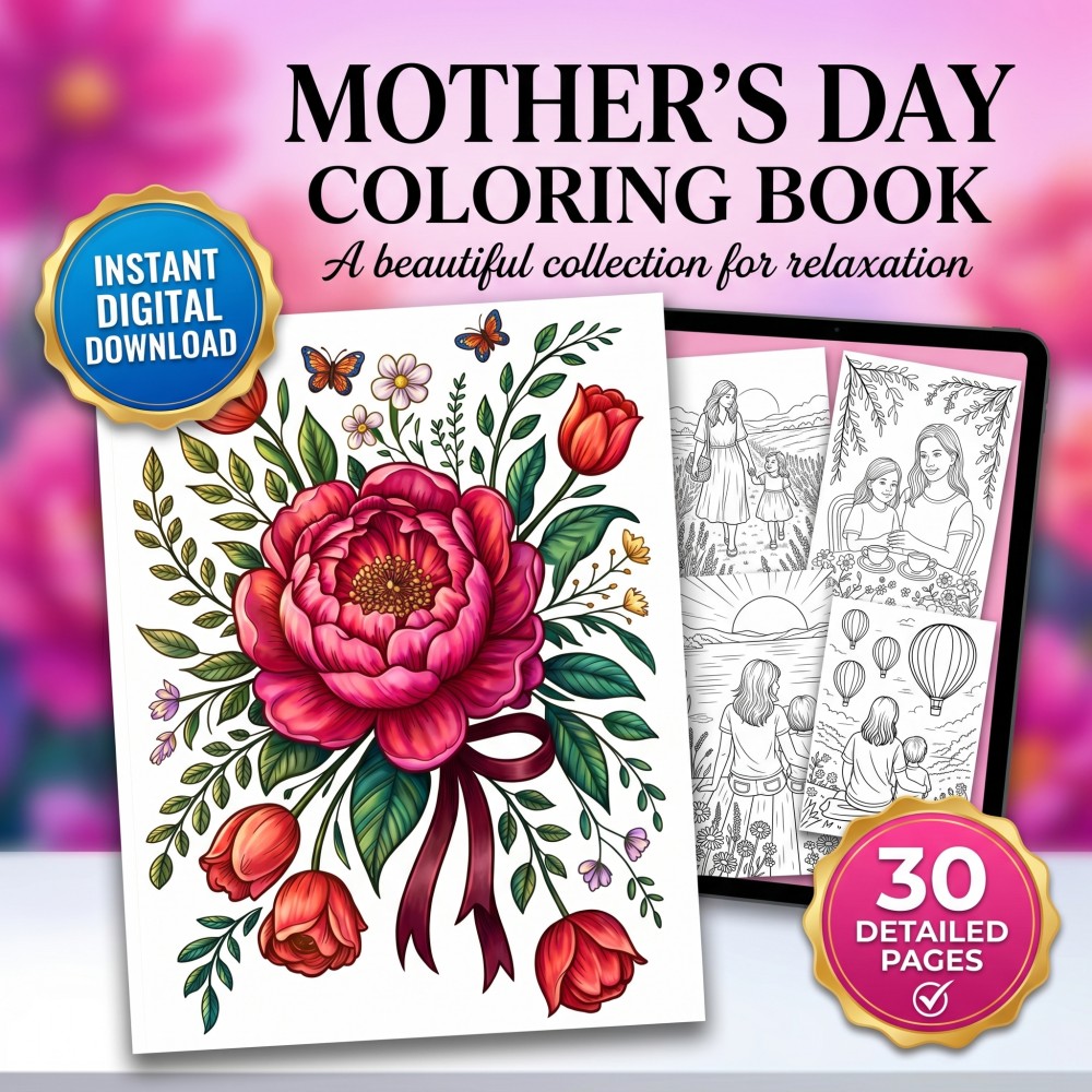 Digital download of Mothers Day coloring book featuring floral mom gift and adult printable pages