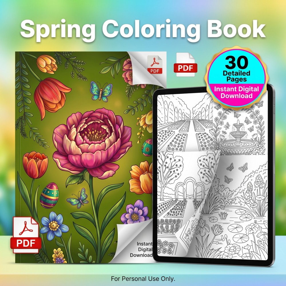 Downloadable spring coloring book for adults featuring floral garden and pastel Easter printable pages