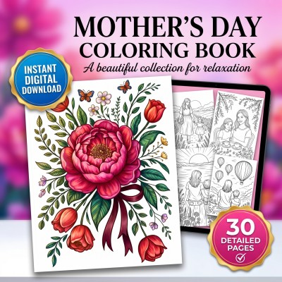 Mothers Day Coloring Book – Floral Mom Gift Adult Printable Coloring Pages Digital Download