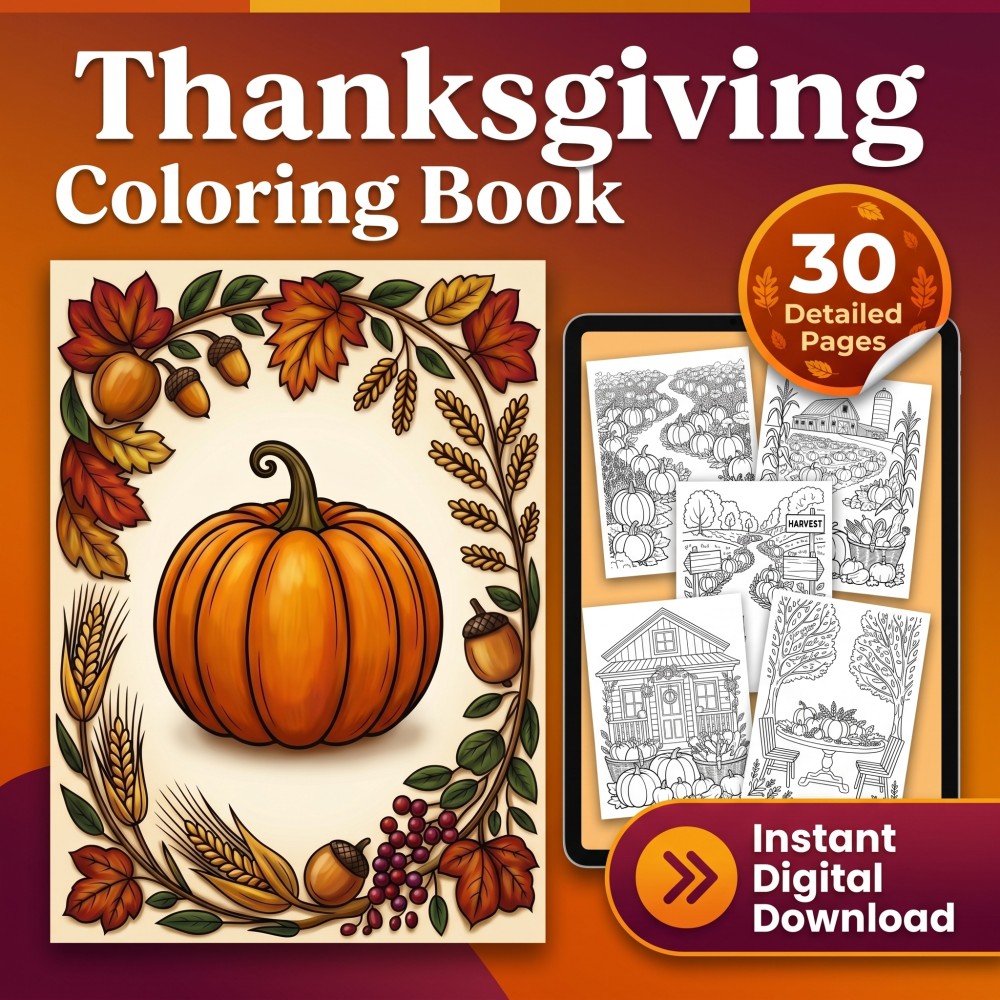 Printable Thanksgiving coloring book for adults featuring harvest gratitude and autumn pumpkin pages