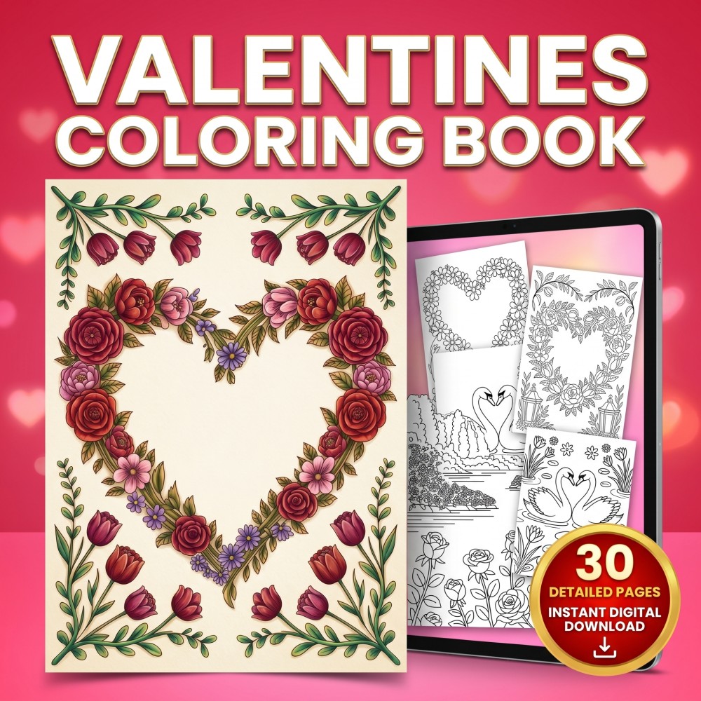 Digital printable Valentines Day coloring book for adults featuring romantic heart and floral pages