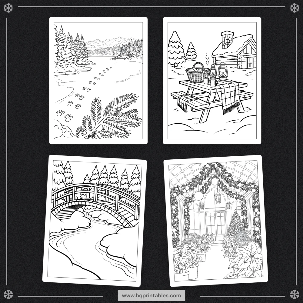 Downloadable cozy Christmas coloring book for adults featuring winter scenes and holiday printable pages