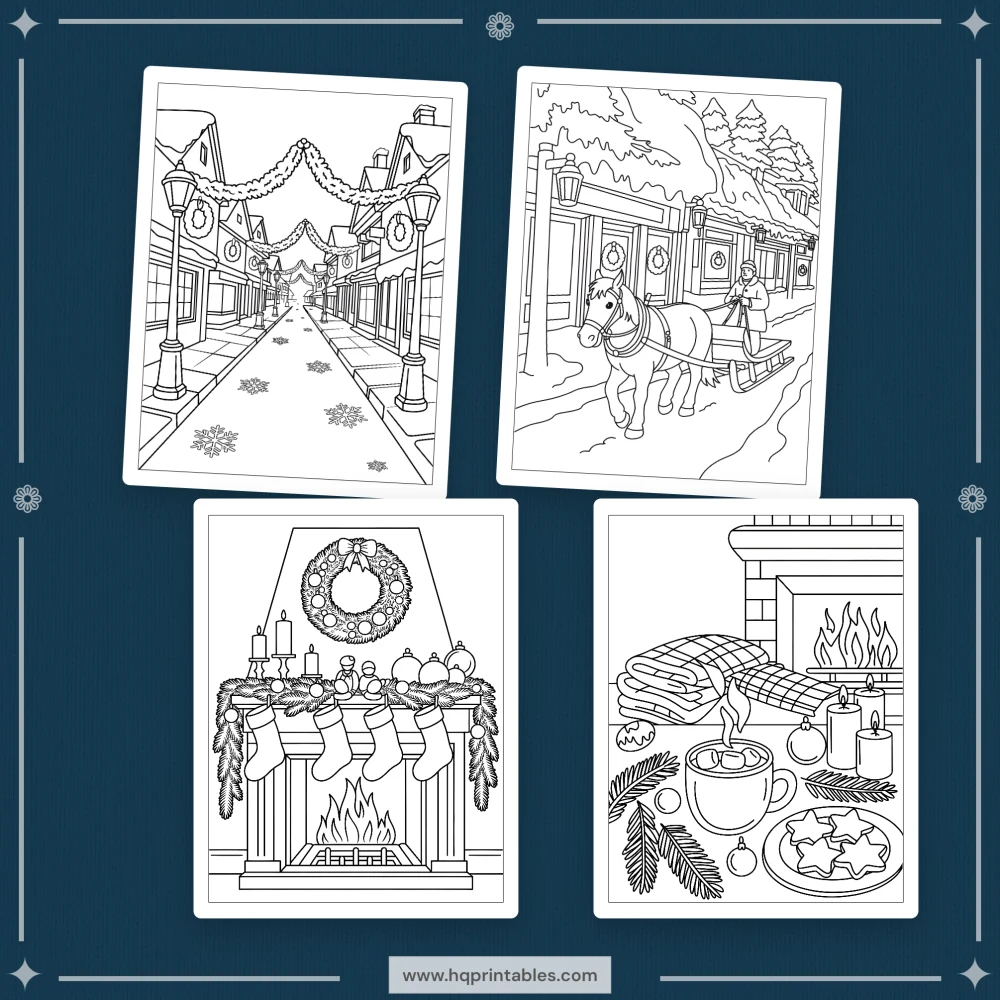 Downloadable cozy Christmas coloring book for adults featuring winter scenes and holiday printable pages