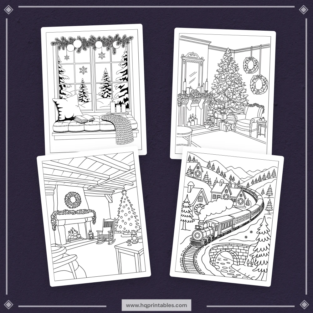 Downloadable cozy Christmas coloring book for adults featuring winter scenes and holiday printable pages