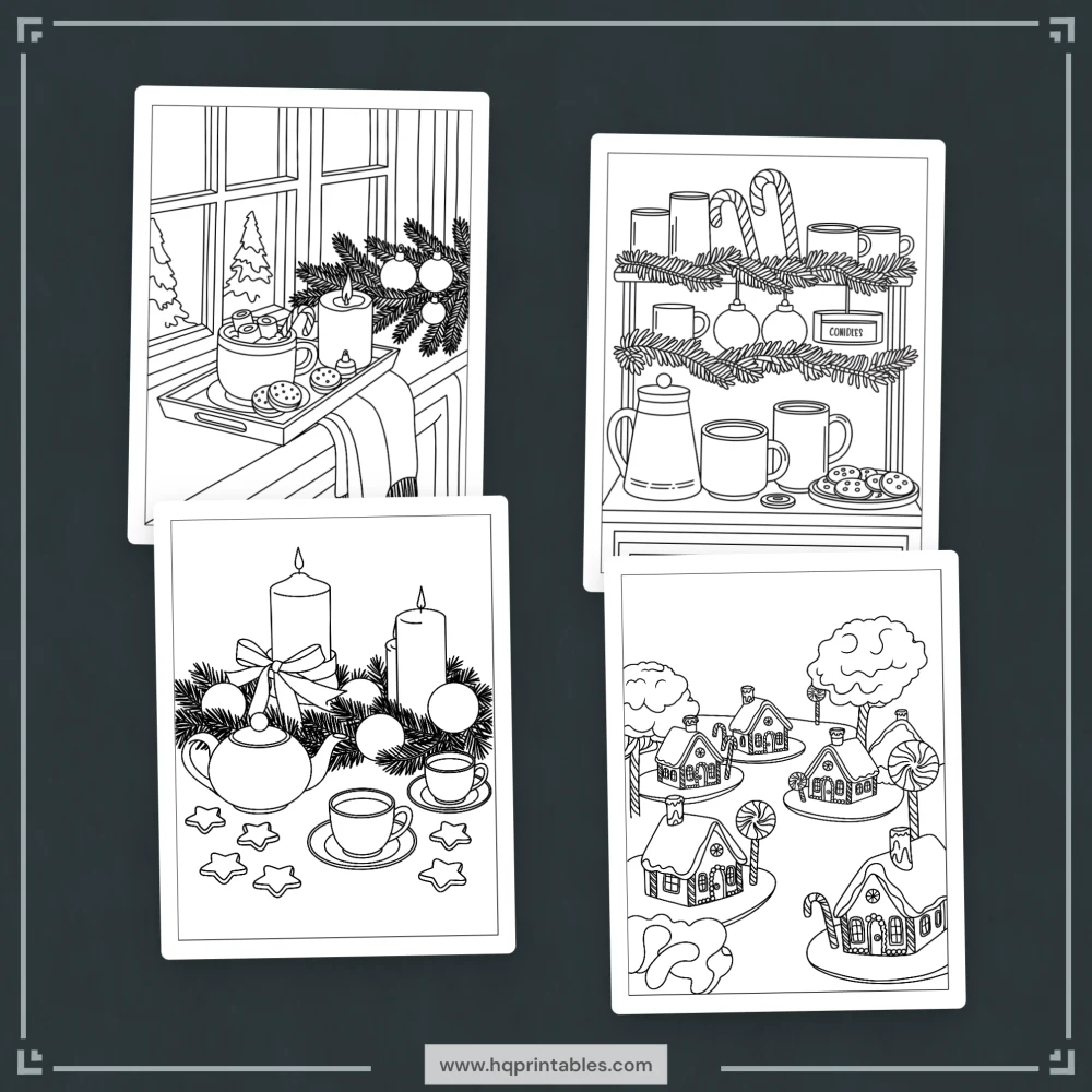 Downloadable cozy Christmas coloring book for adults featuring winter scenes and holiday printable pages