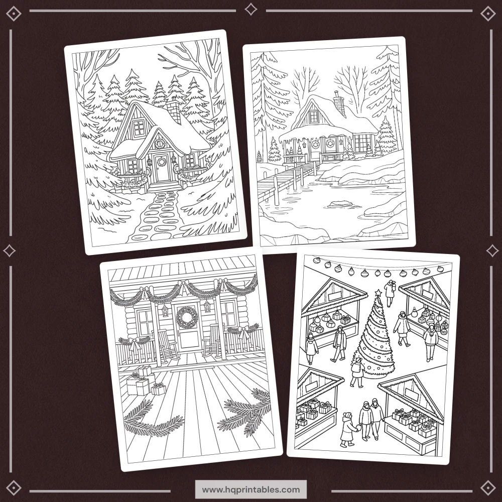 Downloadable cozy Christmas coloring book for adults featuring winter scenes and holiday printable pages