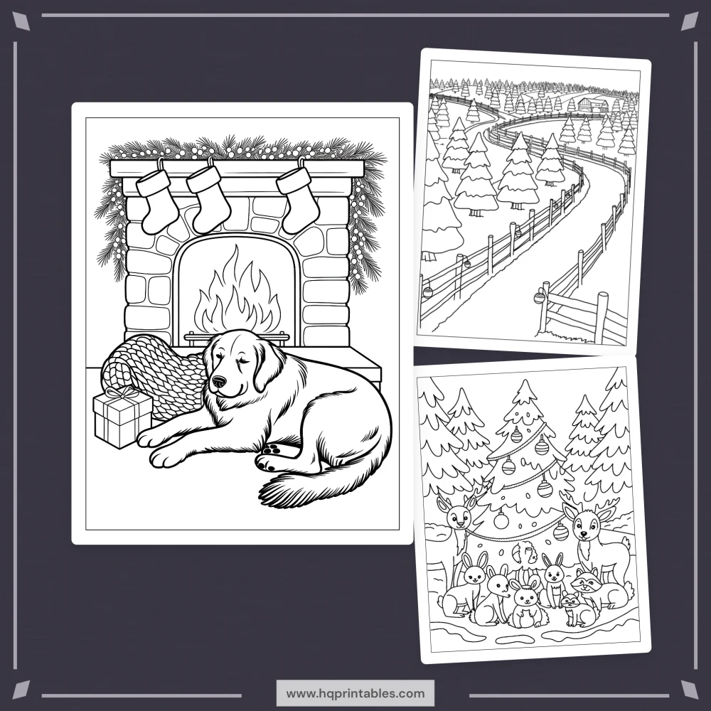 Downloadable cozy Christmas coloring book for adults featuring winter scenes and holiday printable pages