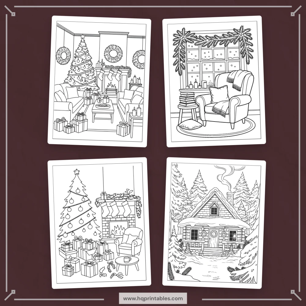 Downloadable cozy Christmas coloring book for adults featuring winter scenes and holiday printable pages
