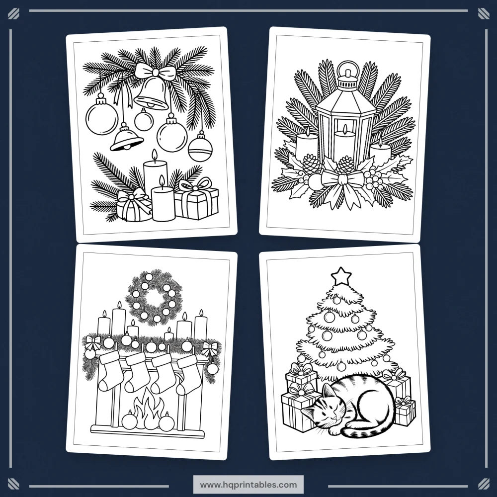 Downloadable cozy Christmas coloring book for adults featuring winter scenes and holiday printable pages