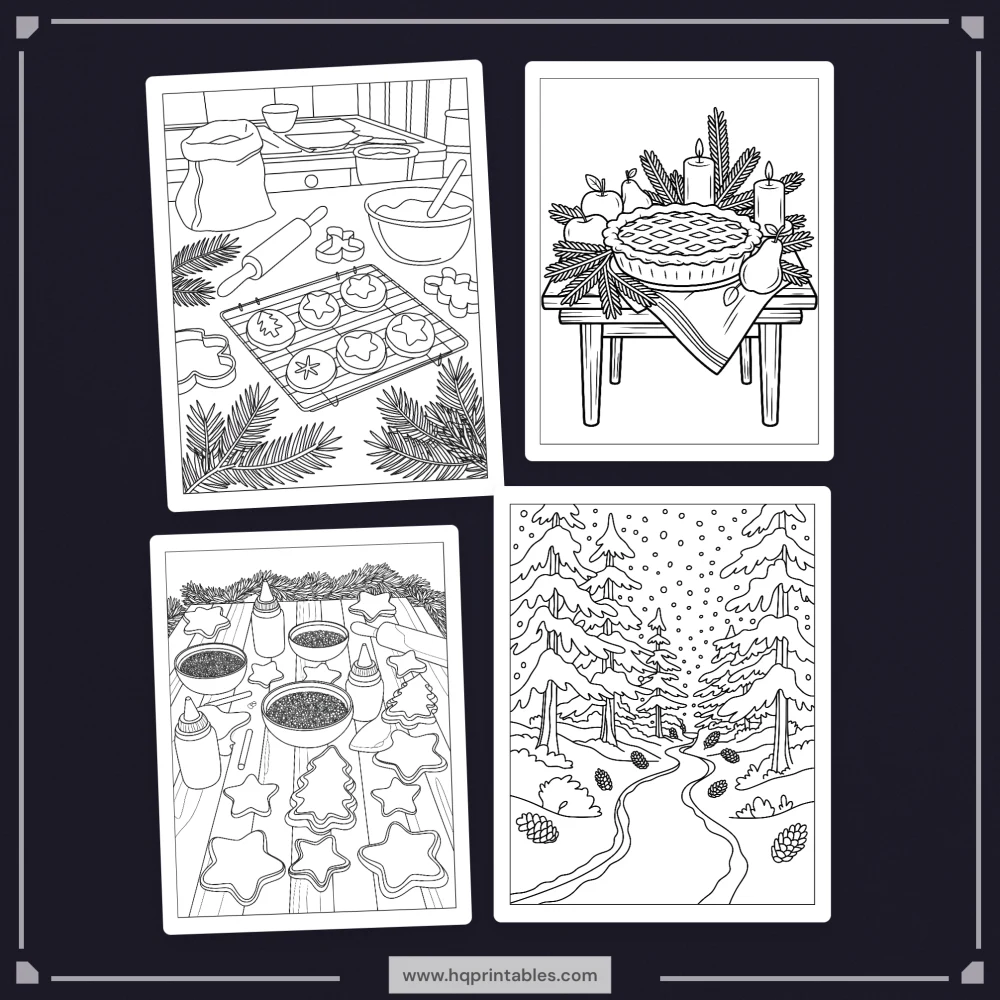 Downloadable cozy Christmas coloring book for adults featuring winter scenes and holiday printable pages