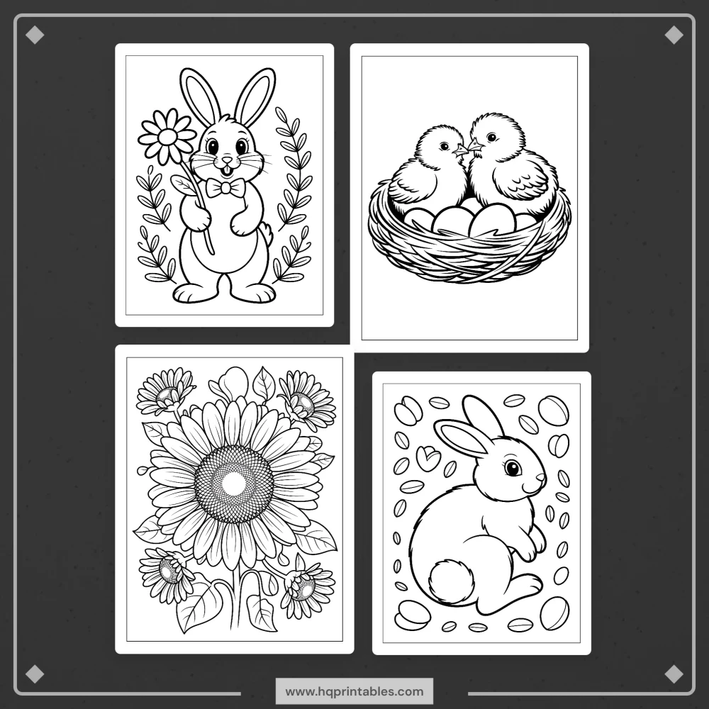 Downloadable Easter coloring book for adults featuring pastel spring bunny and floral printable pages