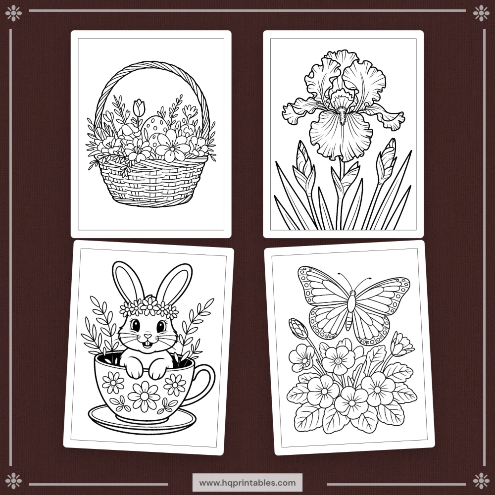 Downloadable Easter coloring book for adults featuring pastel spring bunny and floral printable pages