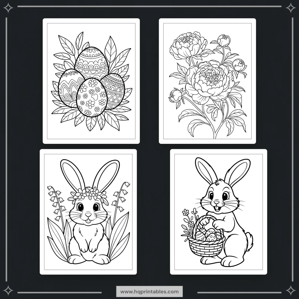 Downloadable Easter coloring book for adults featuring pastel spring bunny and floral printable pages