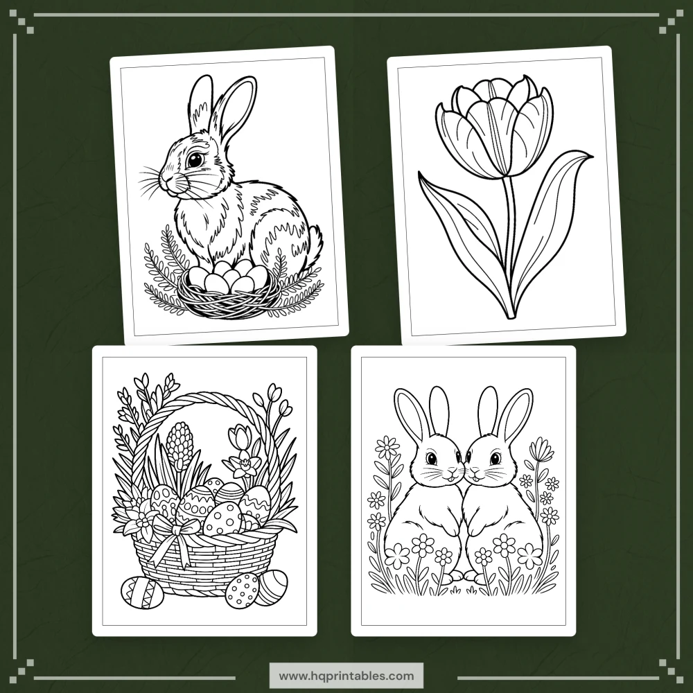 Downloadable Easter coloring book for adults featuring pastel spring bunny and floral printable pages