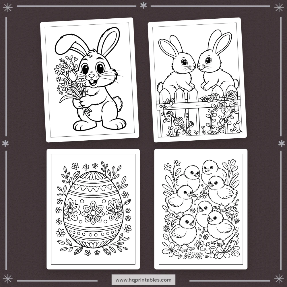 Downloadable Easter coloring book for adults featuring pastel spring bunny and floral printable pages