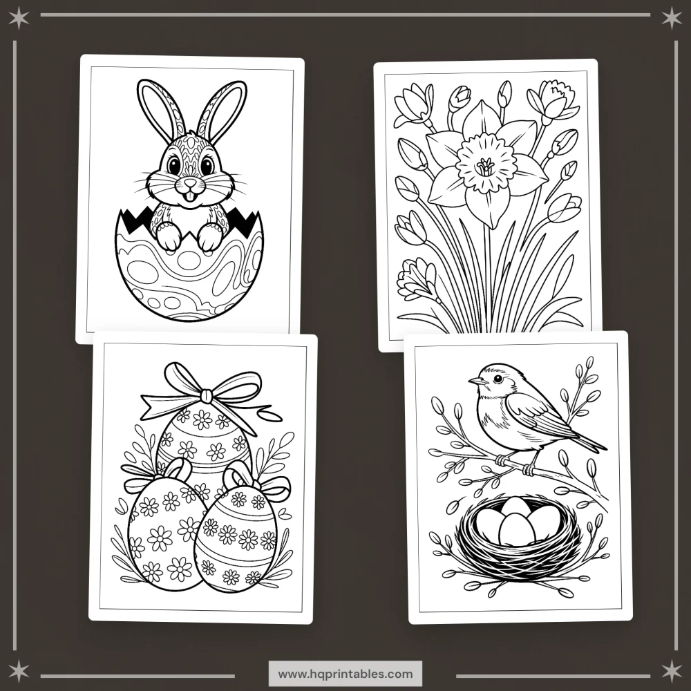 Downloadable Easter coloring book for adults featuring pastel spring bunny and floral printable pages