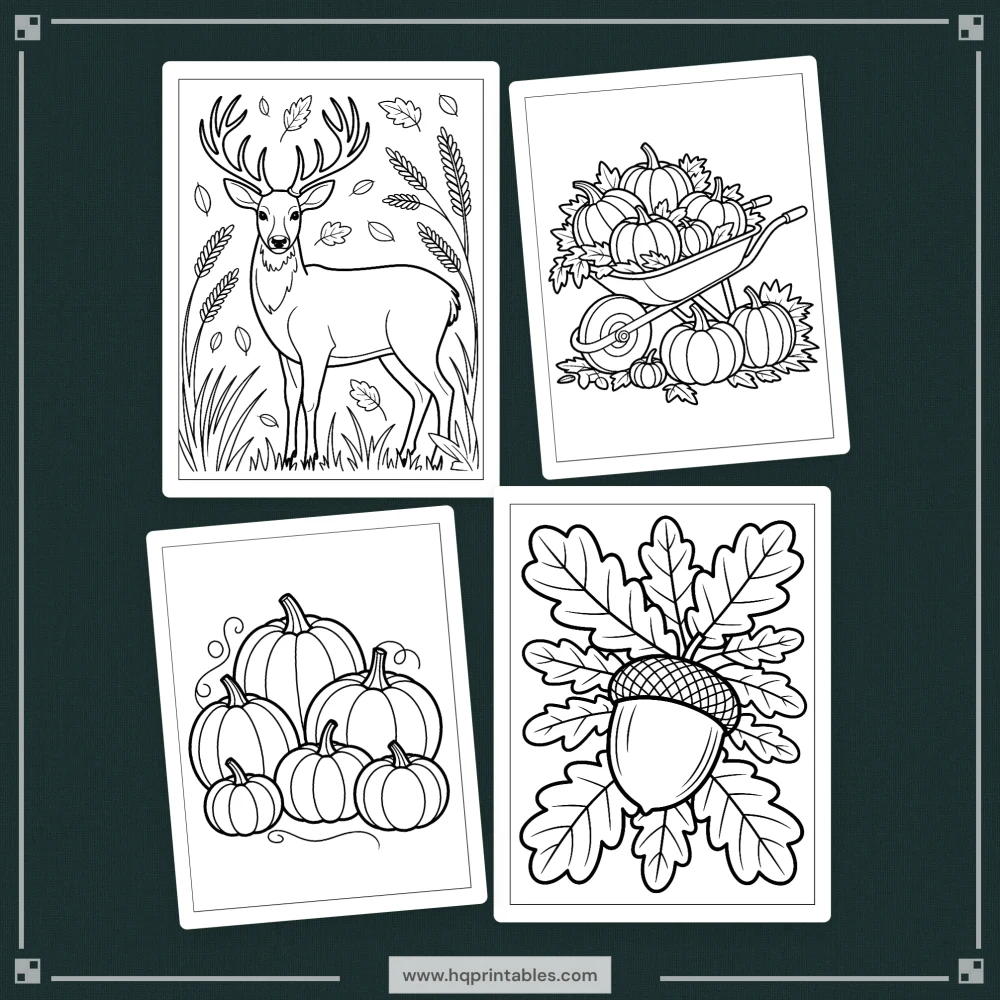 Digital download of printable fall coloring book for adults featuring autumn pumpkin harvest leaves