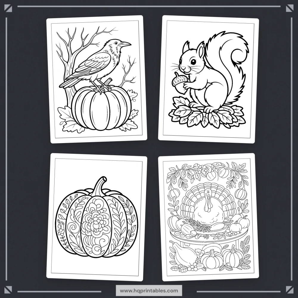 Digital download of printable fall coloring book for adults featuring autumn pumpkin harvest leaves