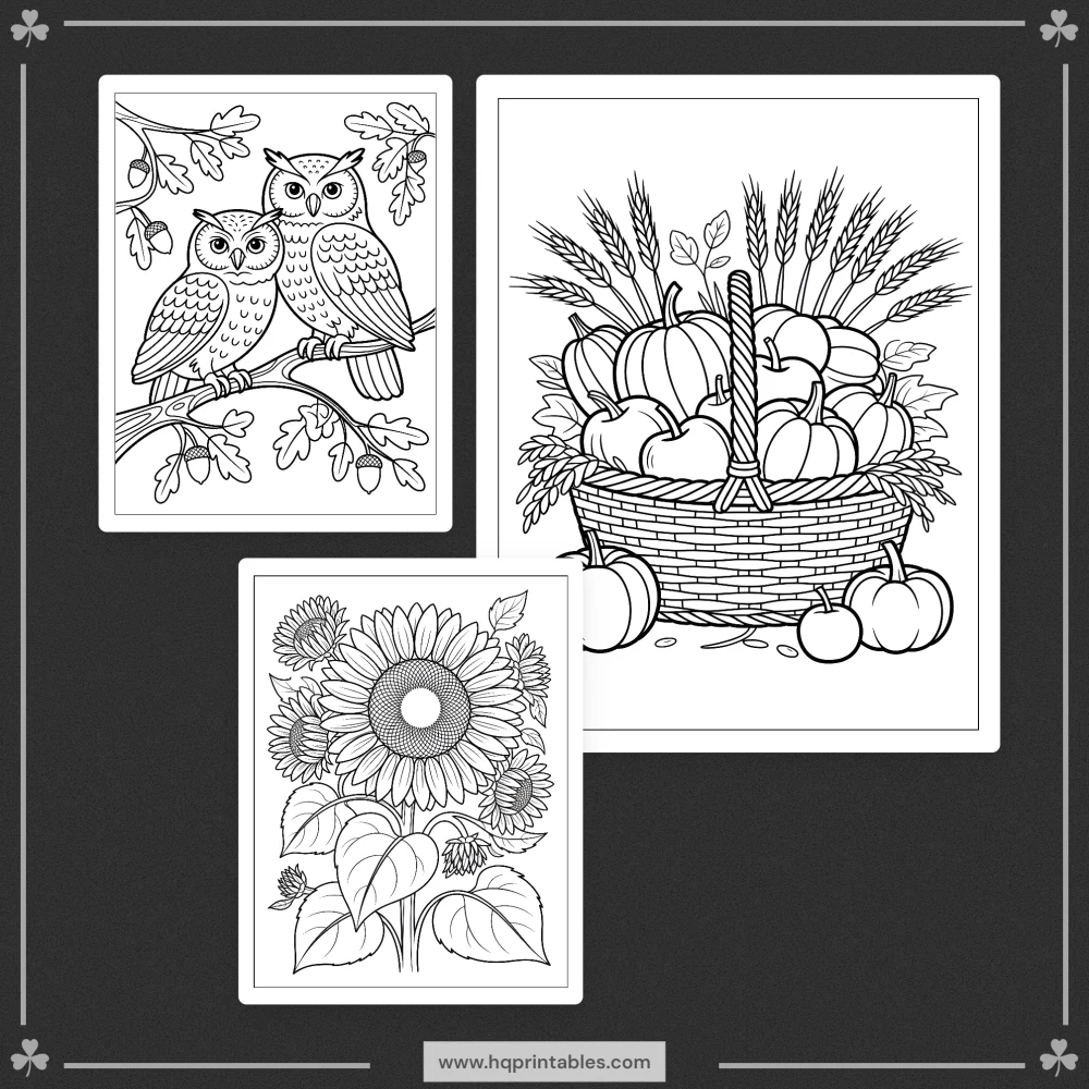 Digital download of printable fall coloring book for adults featuring autumn pumpkin harvest leaves